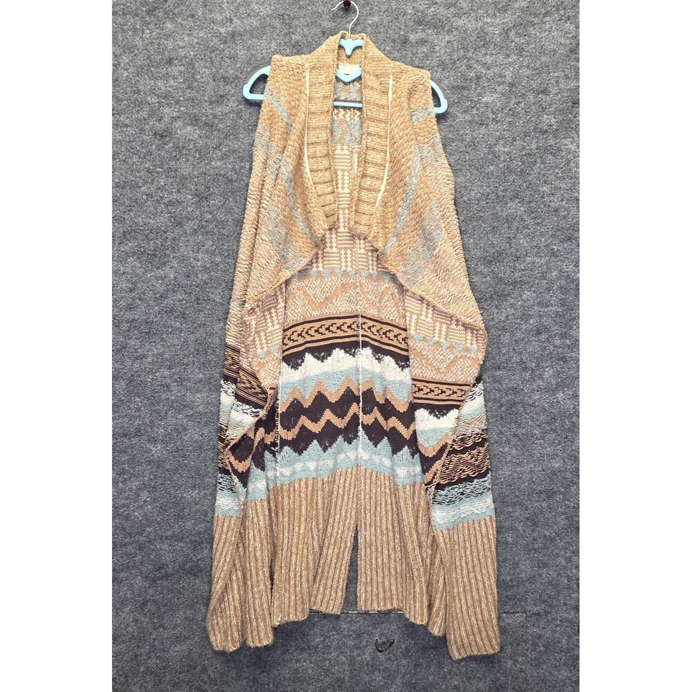 Anthropologie Sleeping on Snow Vest Womens M/L Tan Blue Knit Long Duster Boho
